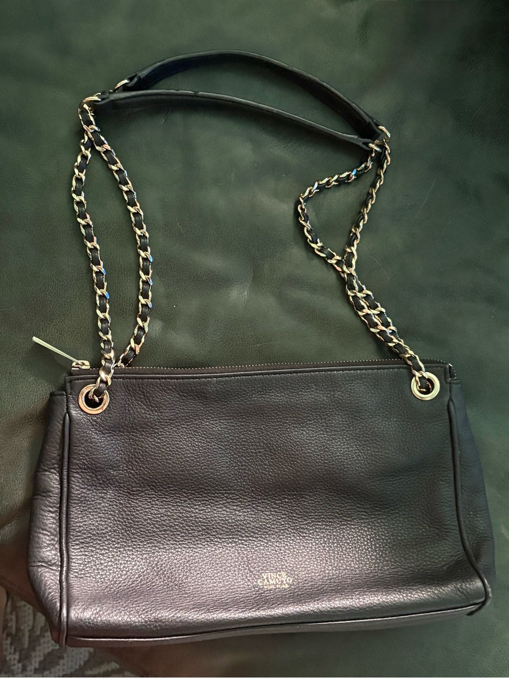 Vince Camuto Black Pebbled Leather Shoulder Bag with Gold Chain Straps
